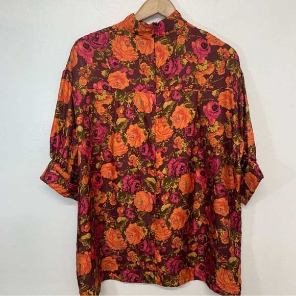 Zara Silk Blouse‎ Top Woman Medium  Purple Floral High Neck Colorful Tropical - Picture 4 of 13